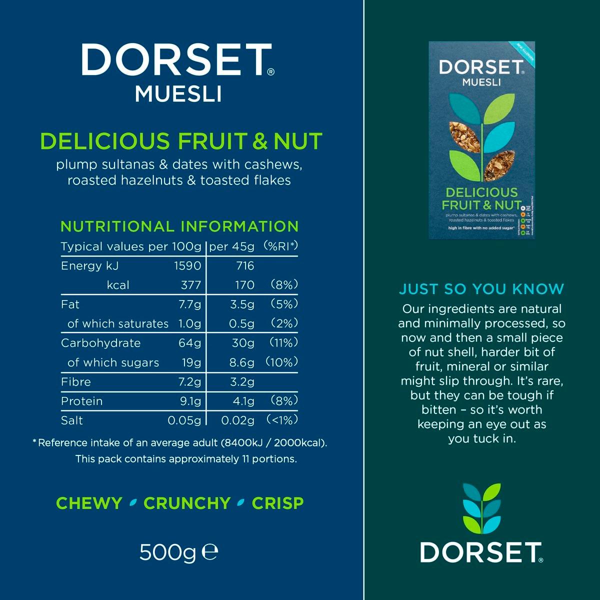 Dorset Cereals fruit and nut muesli 500g, imported from the UK