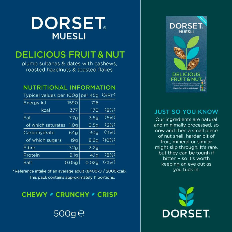 Dorset Cereals fruit and nut muesli 500g, imported from the UK