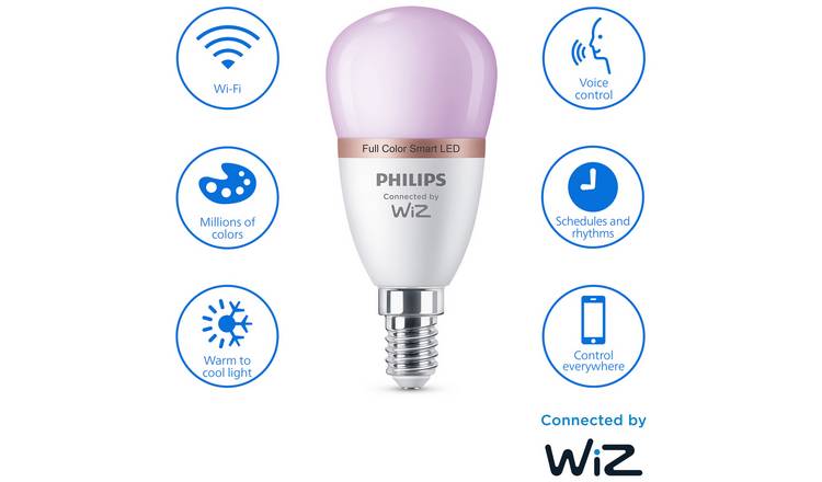 Philips Wiz E14 Colour Smart LED Wi-Fi Mini Globe light bulb, imported from the UK