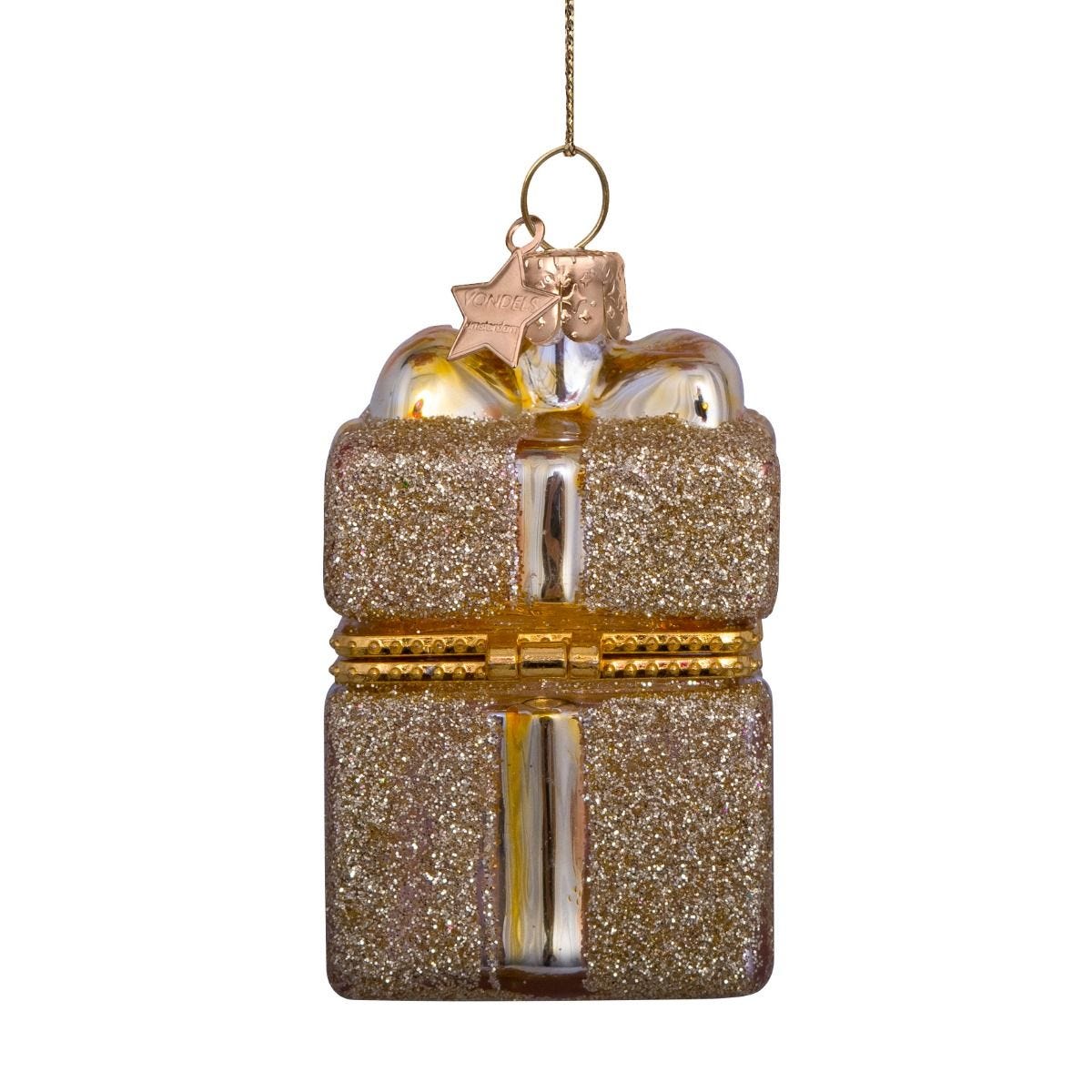 Gold opening present Christmas ornament with lid, 4x5x5cm (British brand)