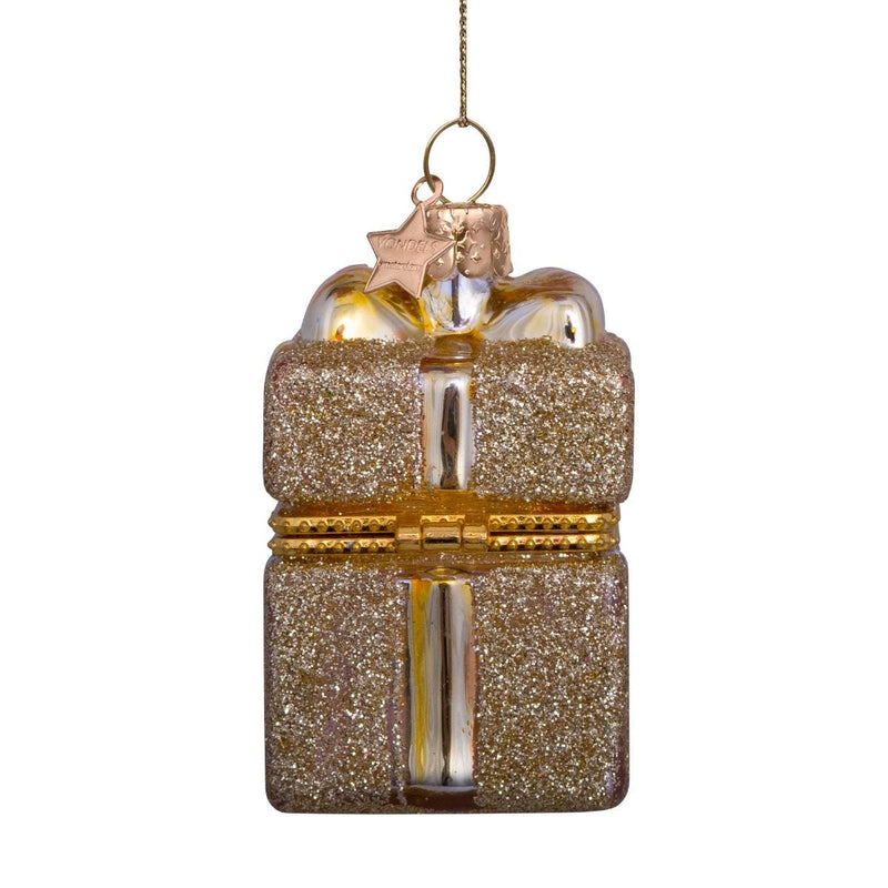 Gold opening present Christmas ornament with lid, 4x5x5cm (British brand)