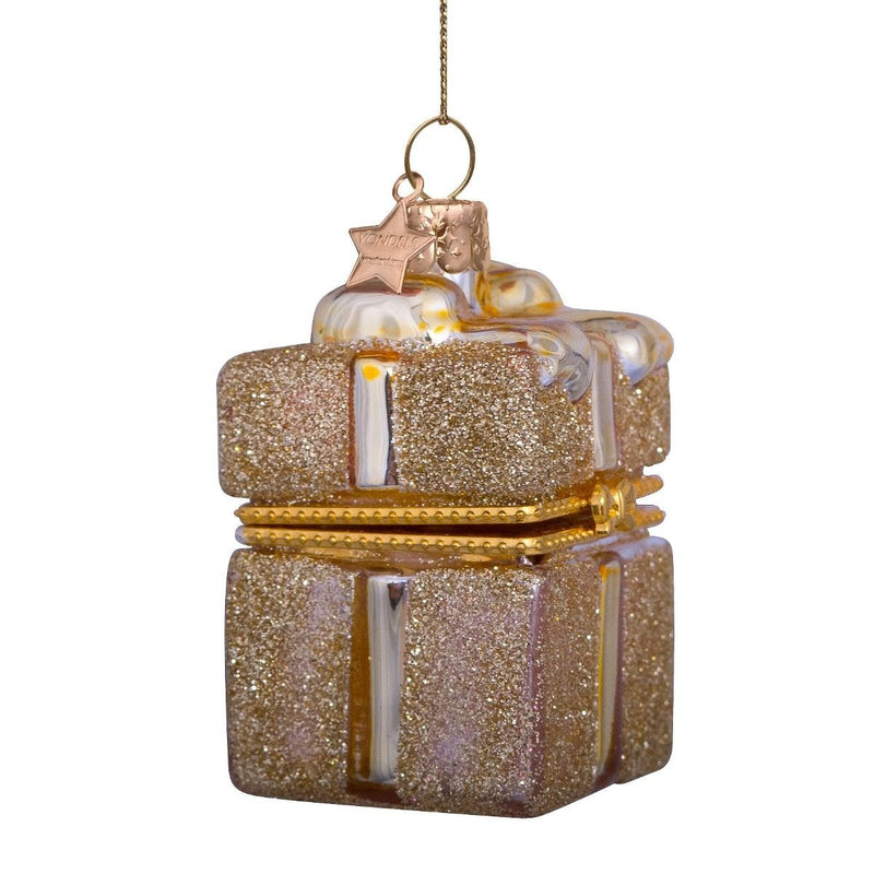 Gold opening present Christmas ornament with lid, 4x5x5cm (British brand)