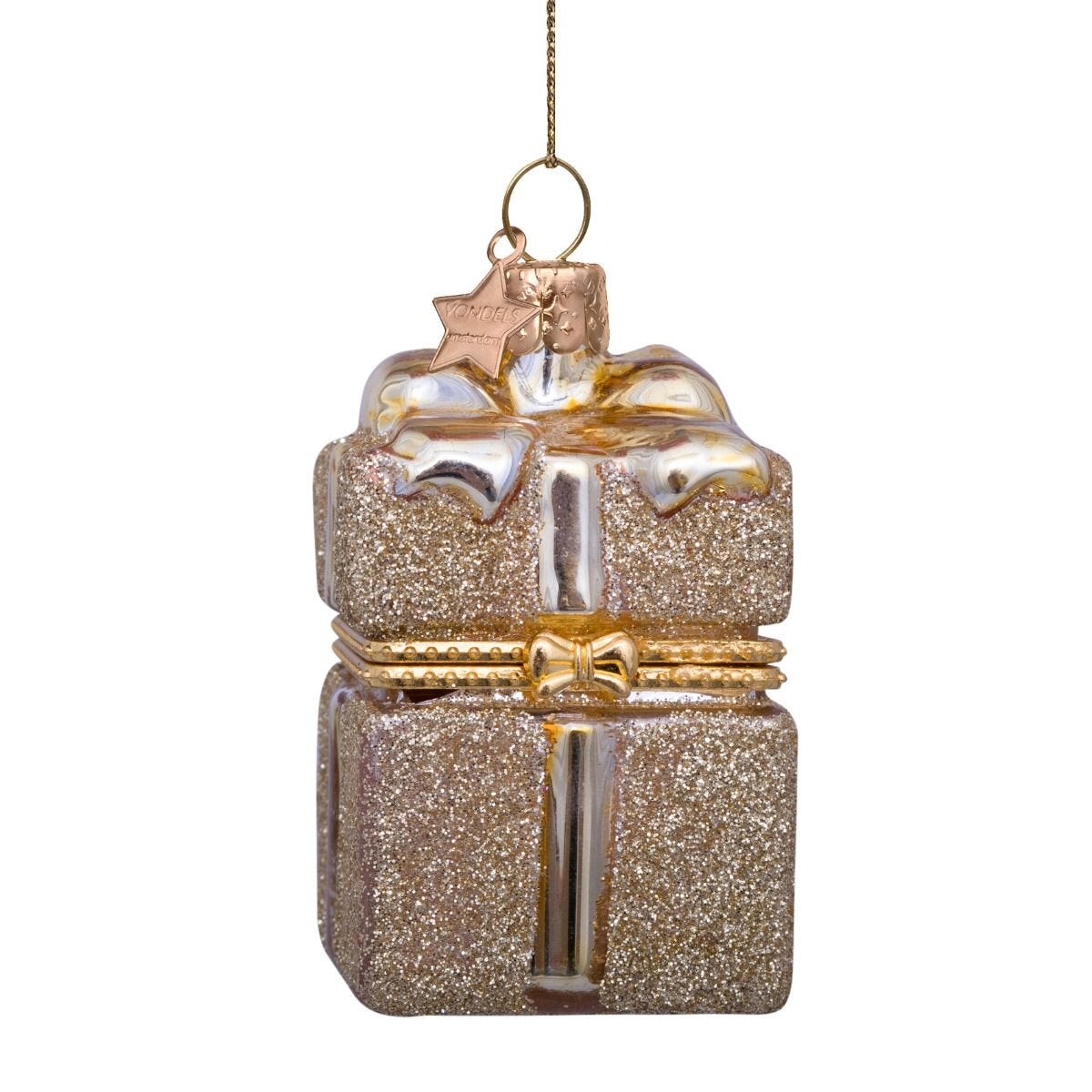 Gold opening present Christmas ornament with lid, 4x5x5cm (British brand)