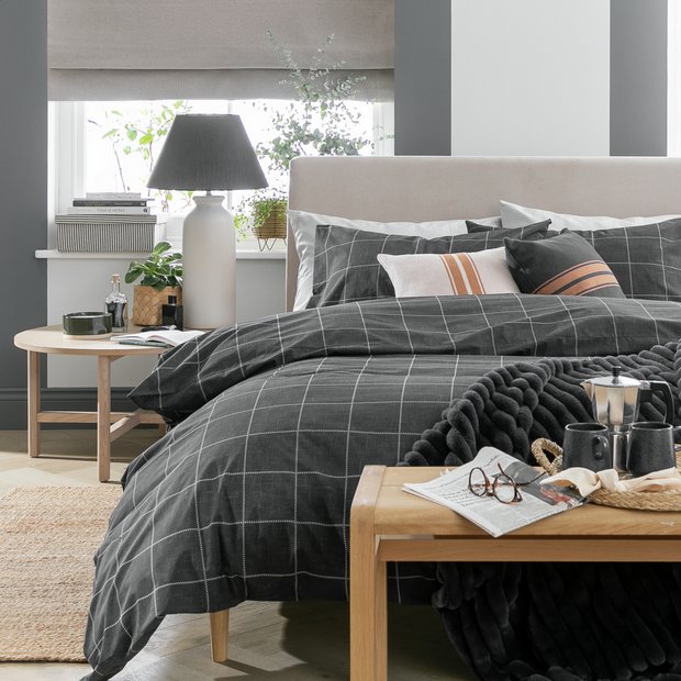 Argos Home Grid Check Grey Double Duvet Cover Set - British product