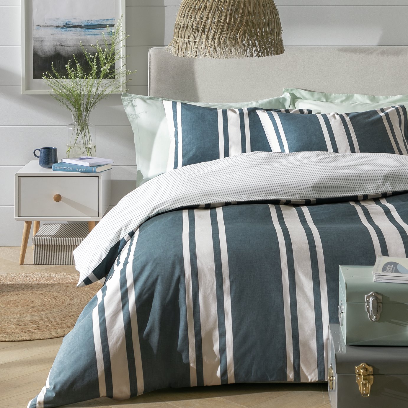 Habitat cotton coastal stripe blue duvet cover set king size, UK version