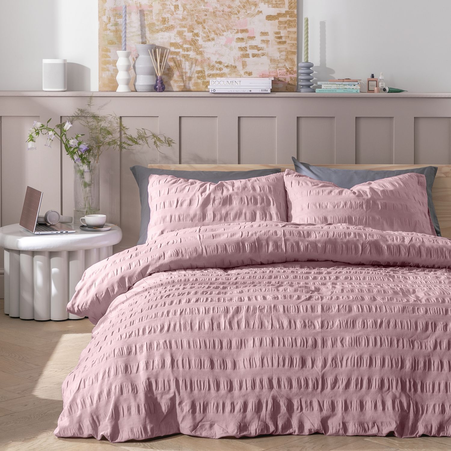 Habitat Seersucker Wide Stripe Lilac Duvet Cover Set Double