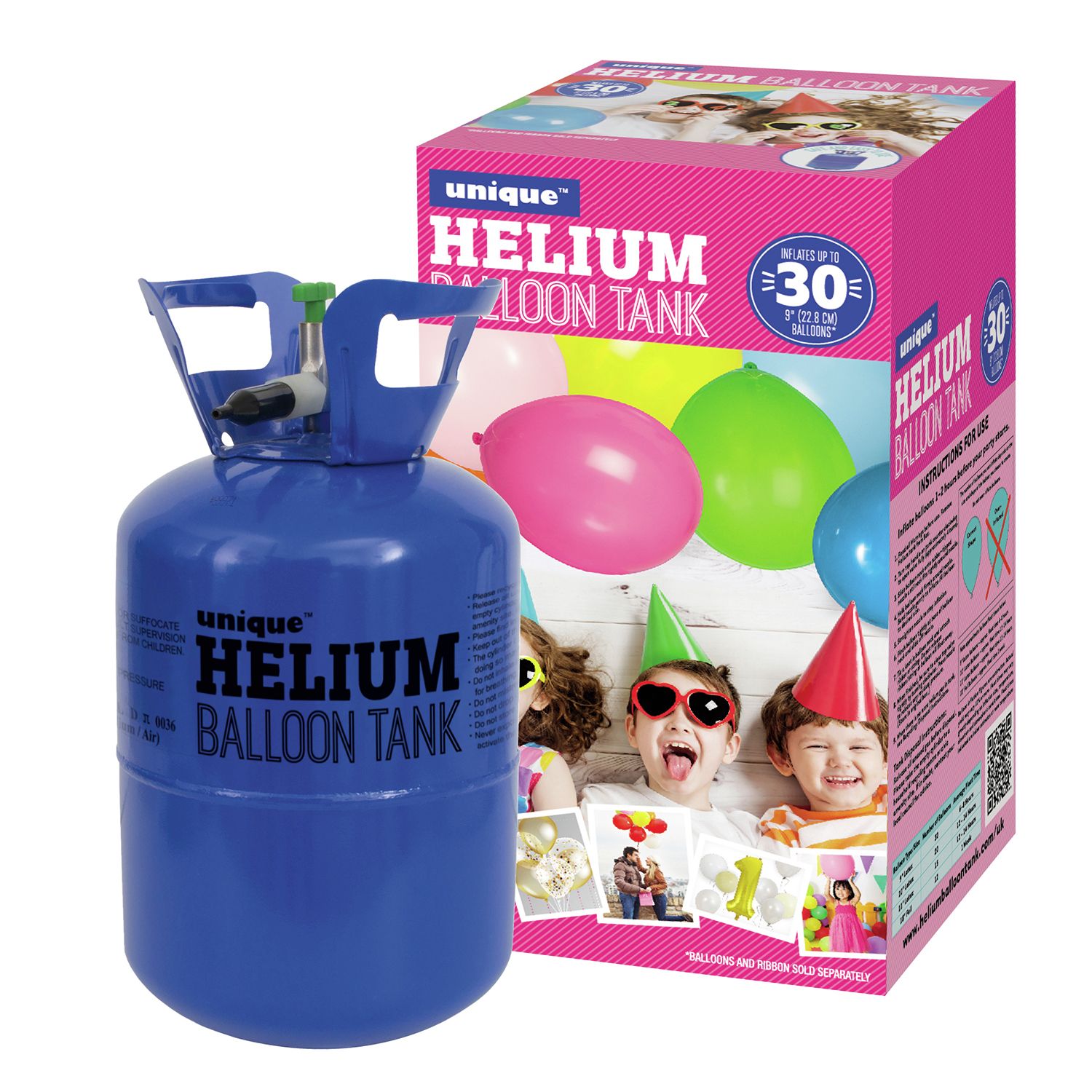 Unique Party helium canister for 30 balloons, imported from the UK