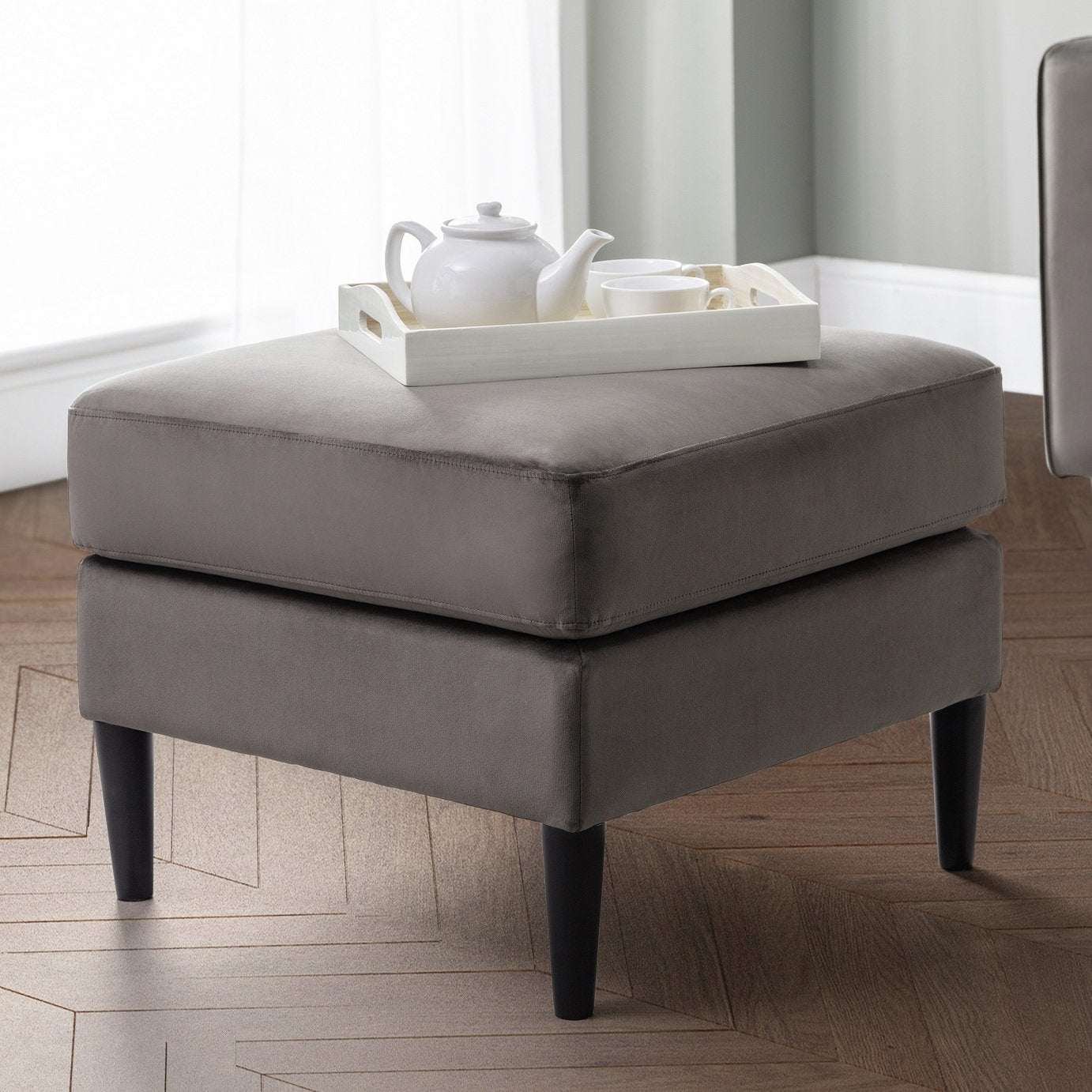 Julian Bowen Hayward velvet ottoman footstool in grey, 67cm wide, UK version