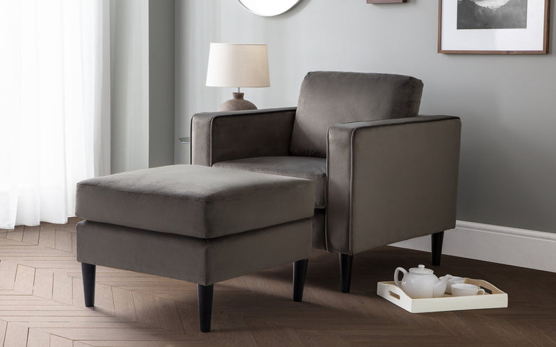 Julian Bowen Hayward velvet ottoman footstool in grey, 67cm wide, UK version