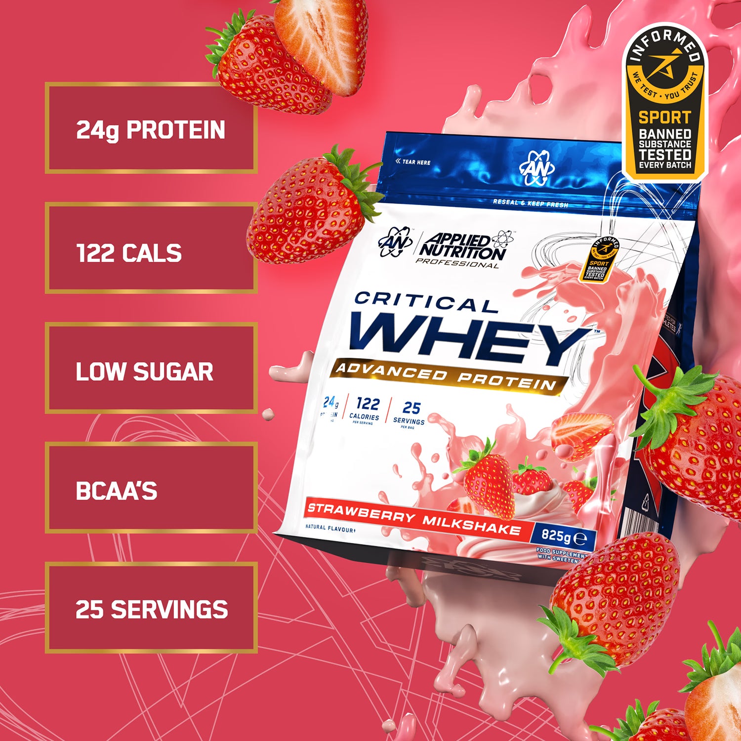 Applied Nutrition Critical Whey protein powder Strawberry Milkshake 825g, imported from the UK