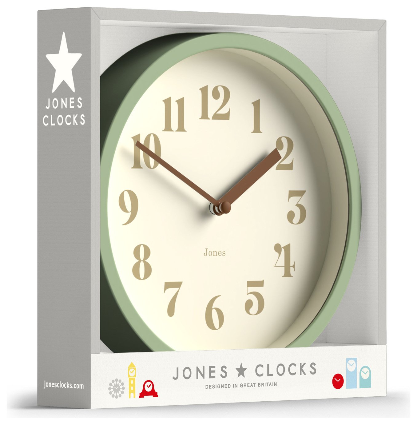 Jones Clocks green analogue wall clock 20cm diameter, UK version
