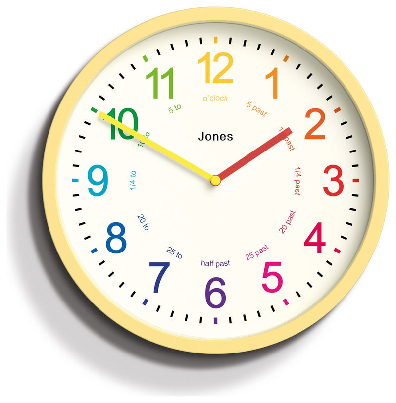 Jones Clocks kids analogue wall clock yellow 25cm diameter, UK version
