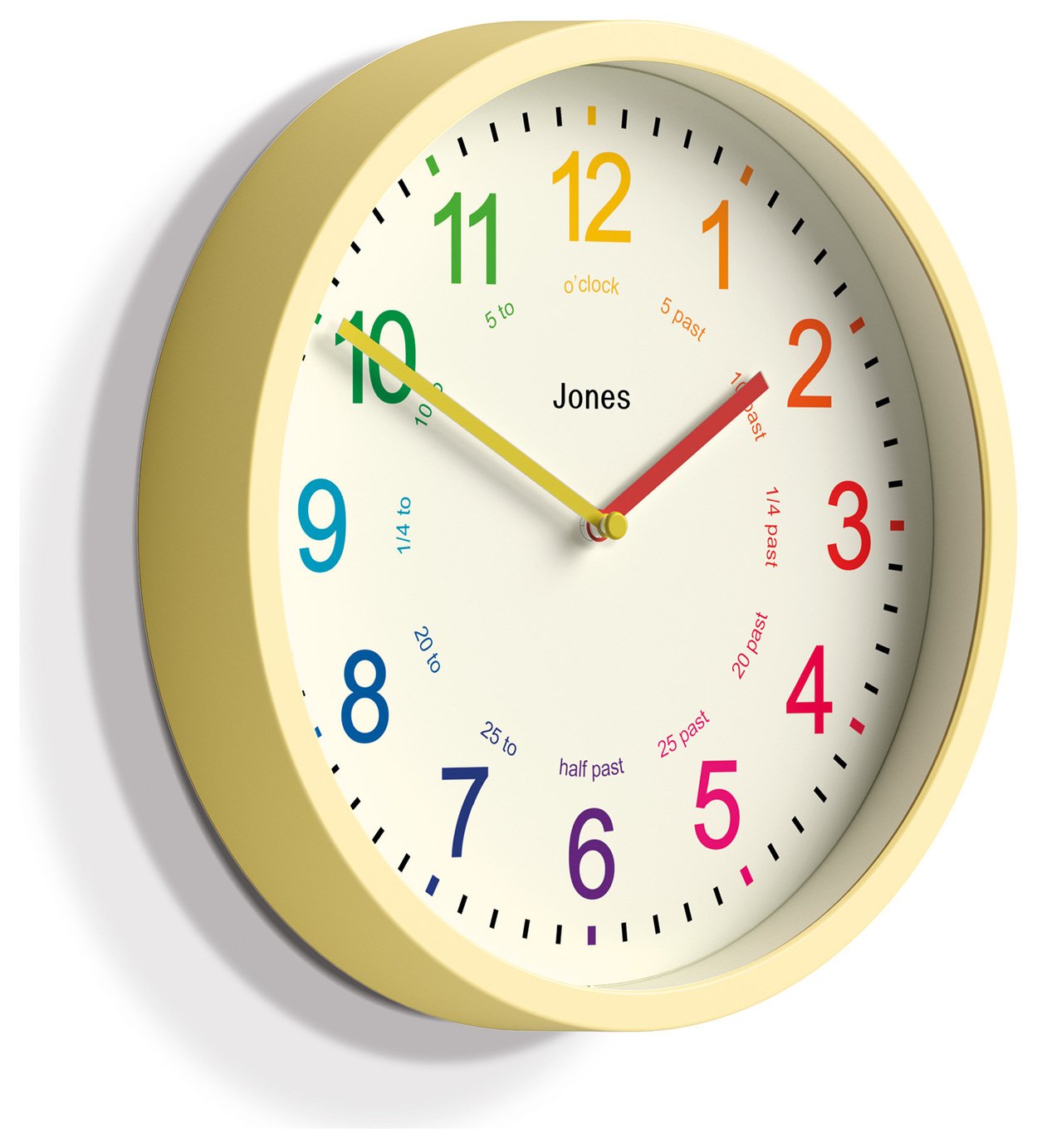 Jones Clocks kids analogue wall clock yellow 25cm diameter, UK version