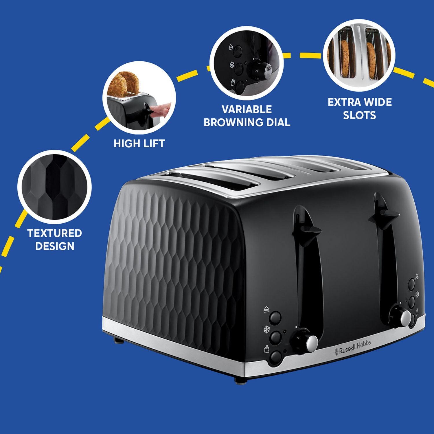 Russell Hobbs Honeycomb 4-slice toaster black, imported from the UK