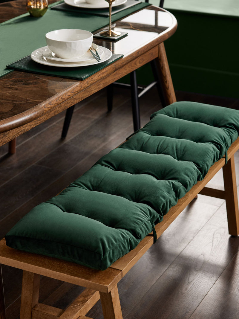 Olive Green Velvet Bench Cushion with Tie Fastening, imported from the UK