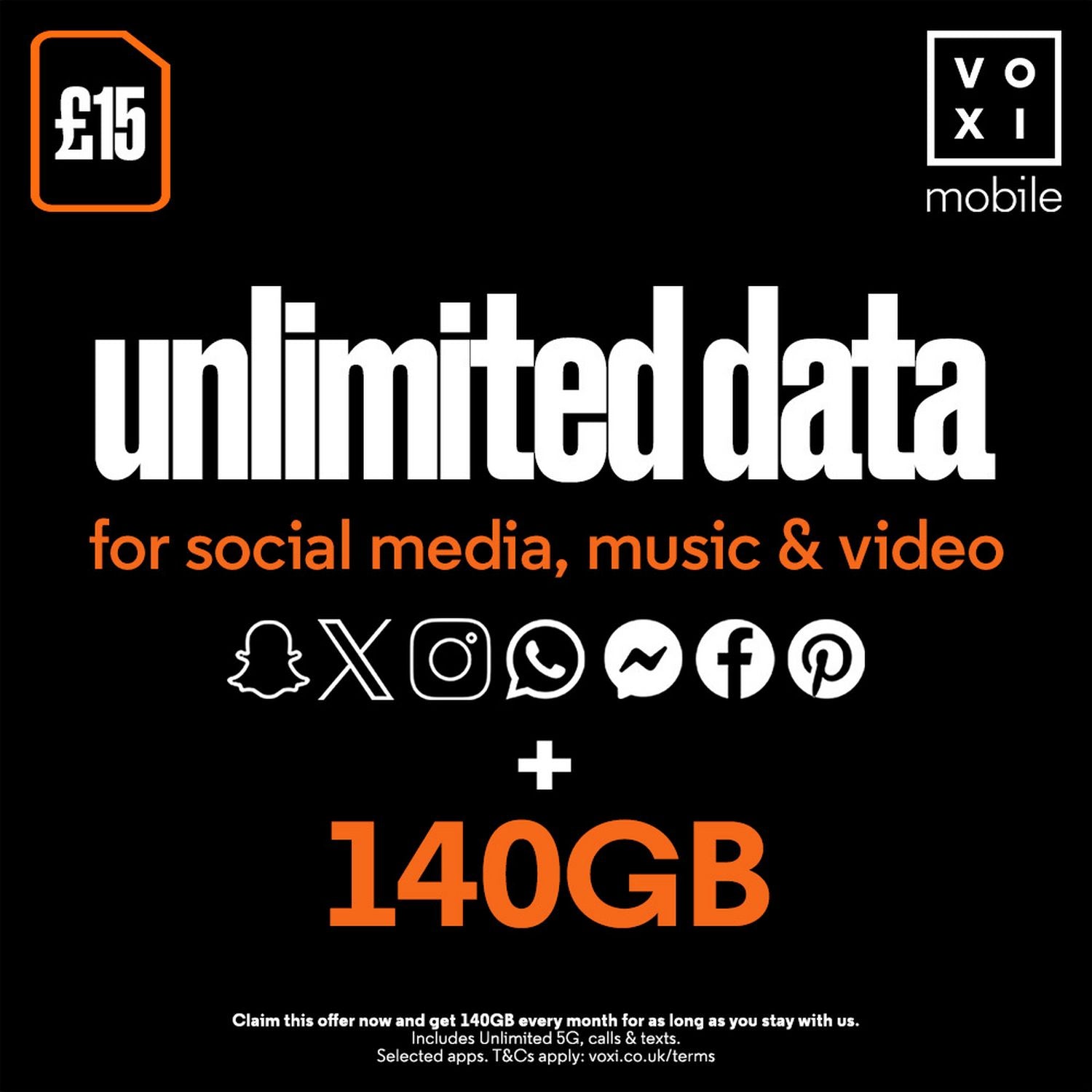 VOXI 140GB 30 Day Pay As You Go SIM Card