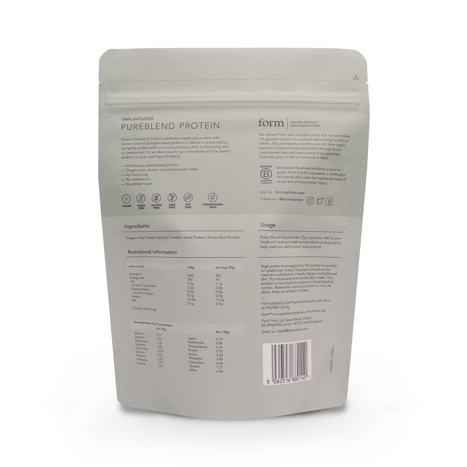 Form Pureblend unflavoured protein powder 520g (British brand)