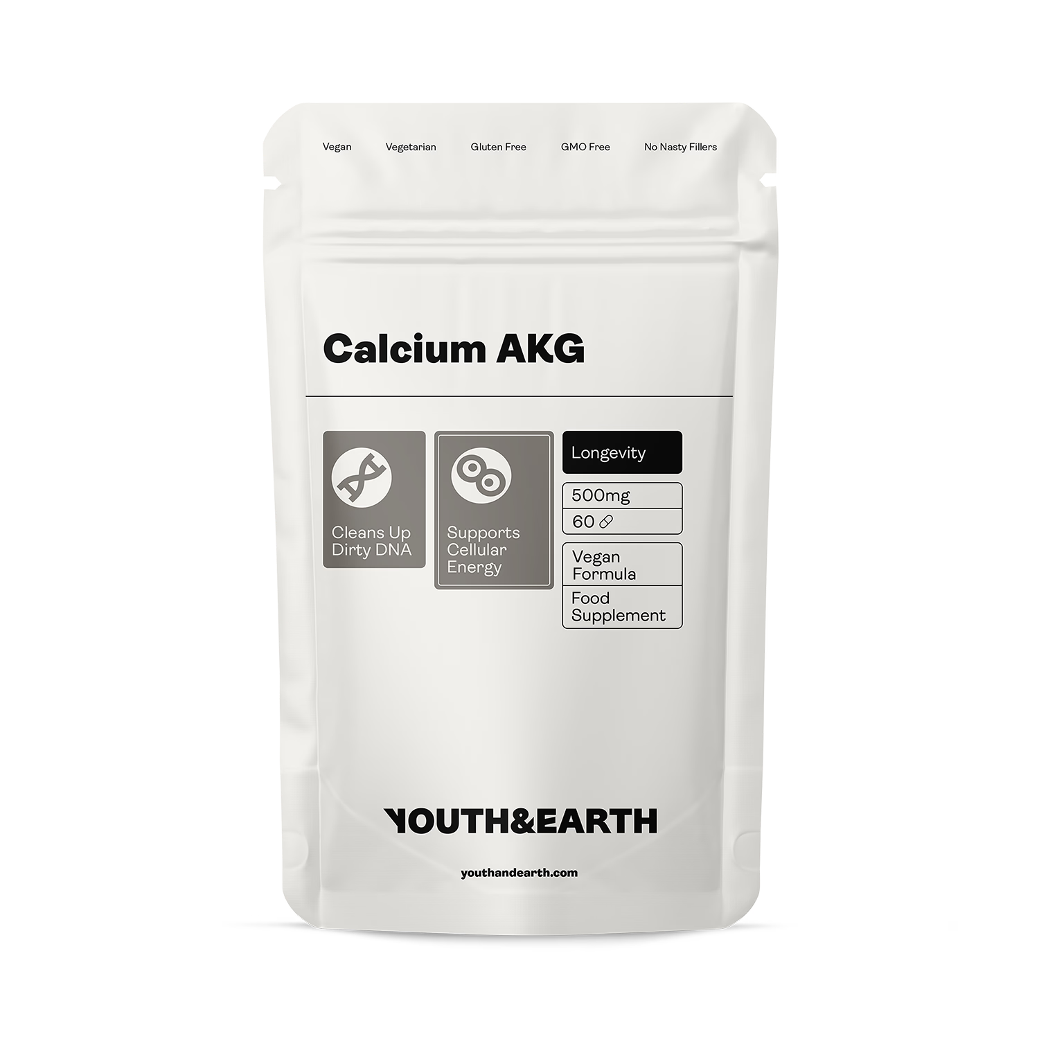 Youth and Earth Calcium AKG 500mg capsules 60 count, UK version