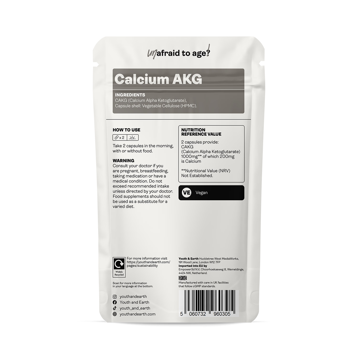 Youth and Earth Calcium AKG 500mg capsules 60 count, UK version