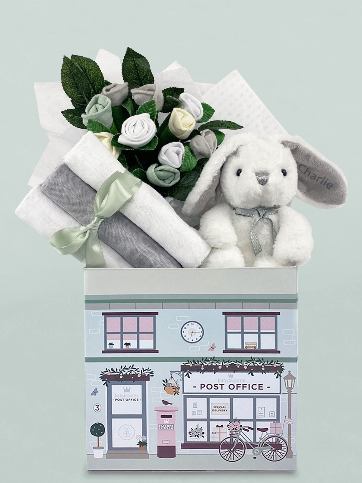 Babyblooms gift hamper with personalised bunny soft toy (British brand)