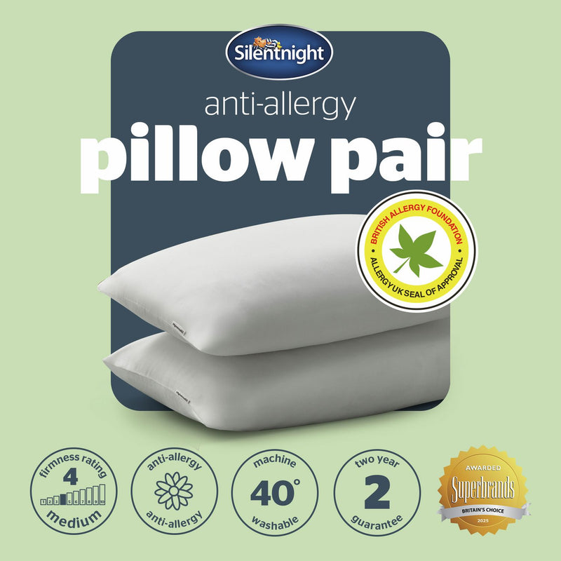Silentnight Anti-Allergy Medium Soft Pillow 2 Pack (British brand)