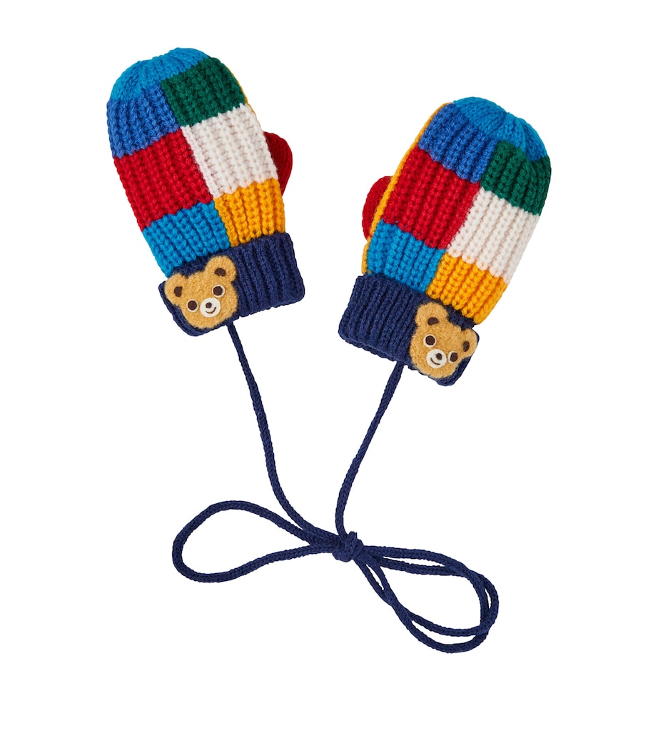 Miki House bear mittens with patchwork design and teddy bear appliques - British product