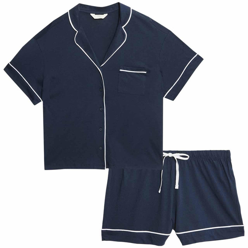 M&S Cotton Modal Revere Shortie Set, XL, Navy