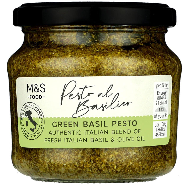 M&S green pesto with Italian basil and olive oil, imported from the UK