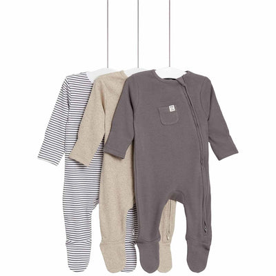M&S Collection Mädchen, Baumwoll-gestreifte & schlichte Schlafanzüge, Neugeborene Mittelgrau