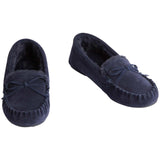 M&S Suede Bow Fur Lined Moccasin Slippers 4 Midnight Navy