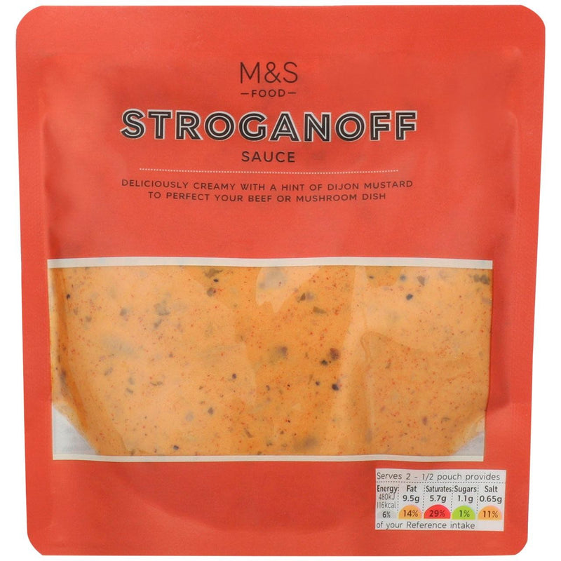 M&S creamy stroganoff sauce with mushrooms and Dijon mustard, serves 2, imported from the UK