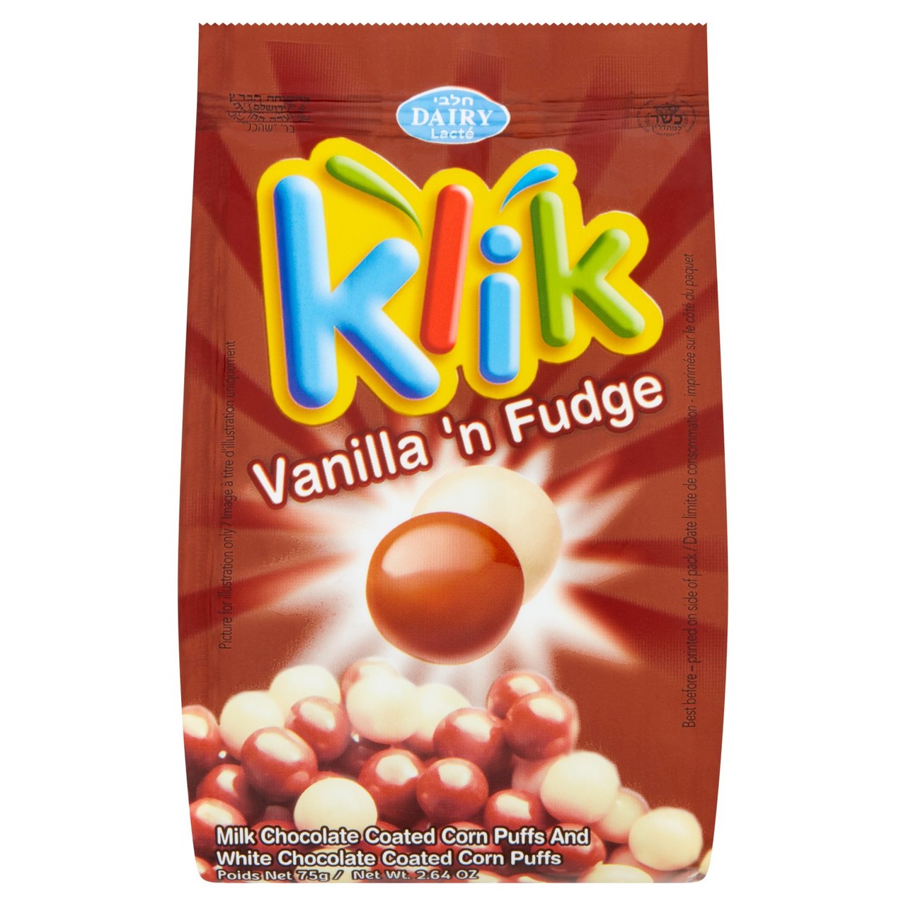 Klik vanilla and fudge chocolate coated corn puff bites, UK version