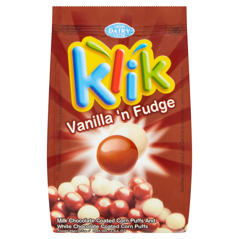 Klik vanilla and fudge chocolate coated corn puff bites, UK version