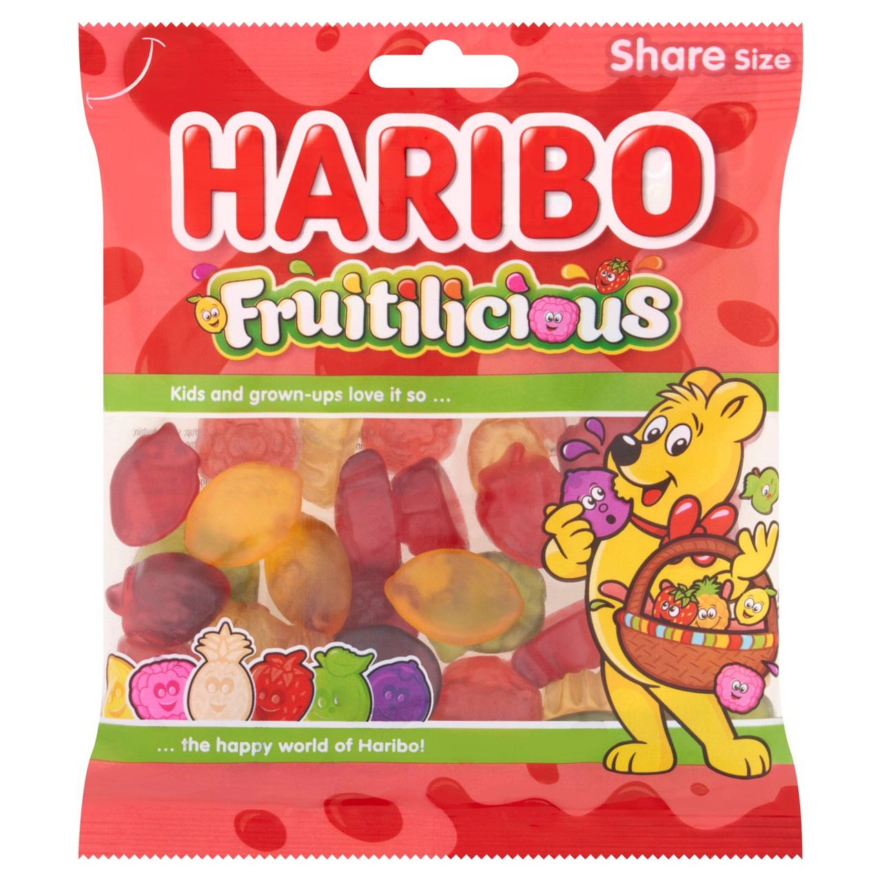 Haribo fruit flavour gums sharing bag with natural colours, UK version
