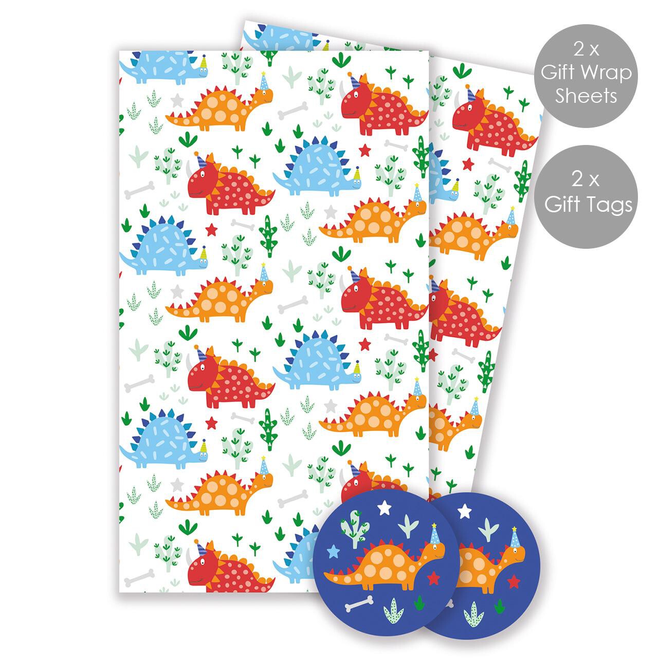 Dinosaur Gift Wrap Sheets & Tags 2 per pack