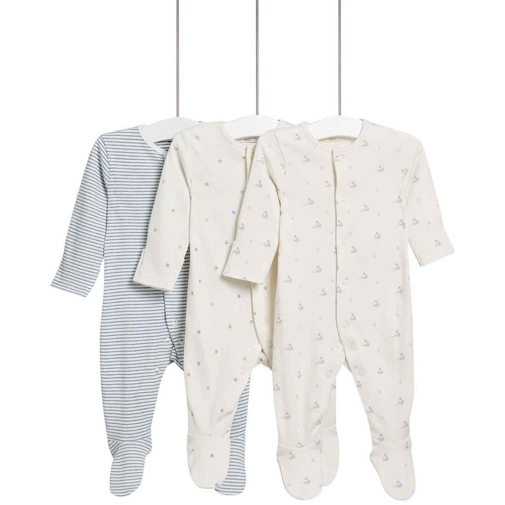 M&S Dog Popper Footed Sleepsuit, 3 Pack, 0-3 Months, Blue