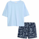 M&S Cotton Rich Printed Shortie Set, Size 14, Smokey Blue