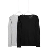 M&S Womens Pointelle Thermal Long Sleeve Tops, 16, Black Mix