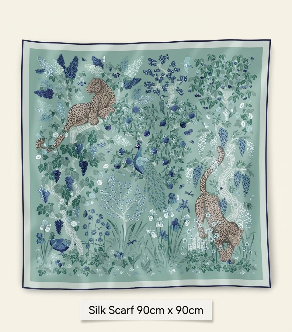 Silkeskjerf med Blooming Panthère-motiv fra Cartier, 90 cm, importert fra Storbritannia