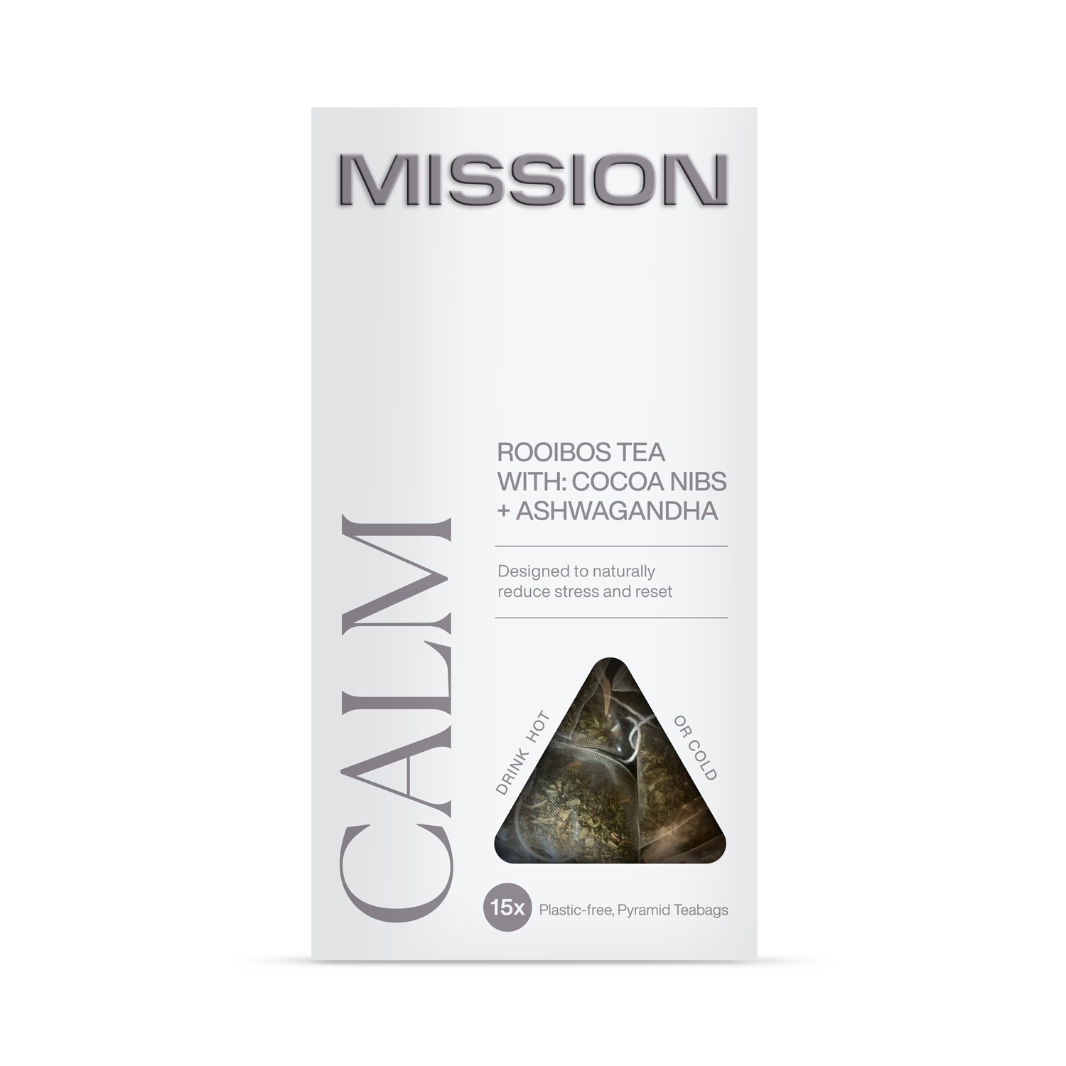Mission Calm rooibos tea cocoa nibs ashwagandha 15 bags (British brand)