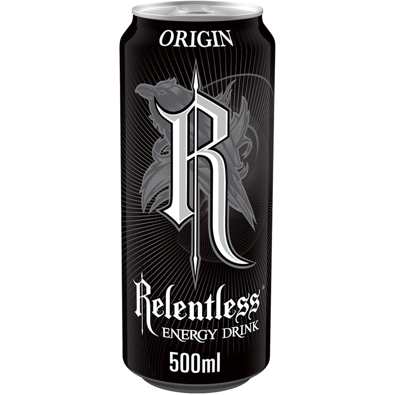 Relentless Origin Energy Drink 500ml pack, imported from the UK