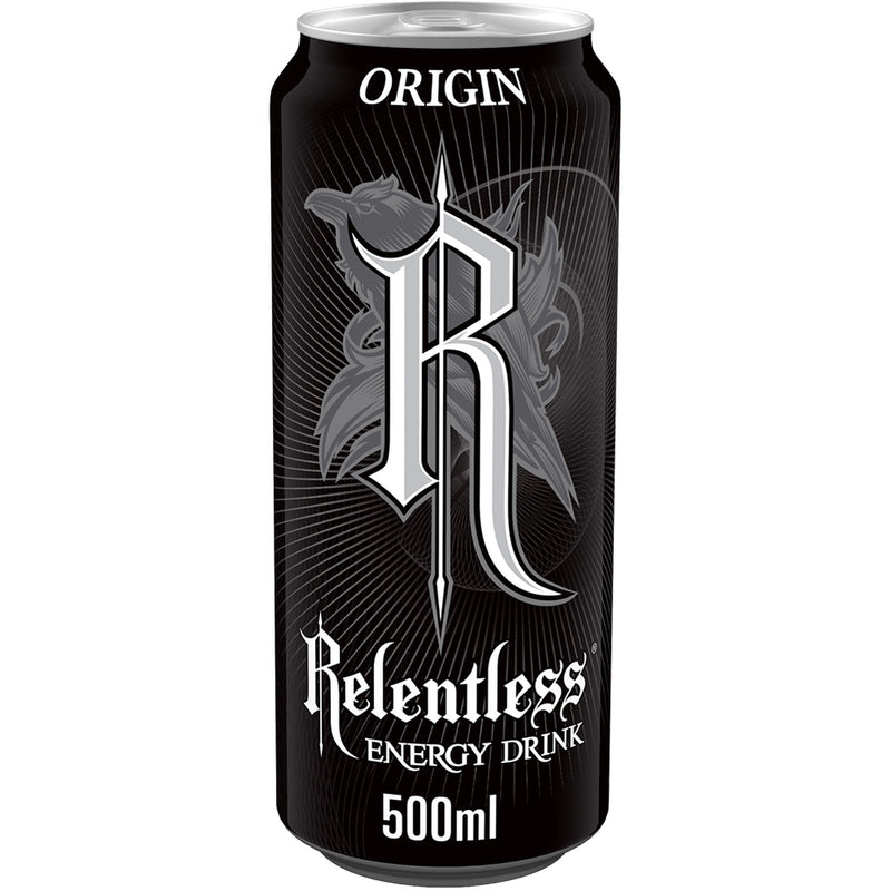 Relentless Origin Energy Drink 500ml pack, imported from the UK