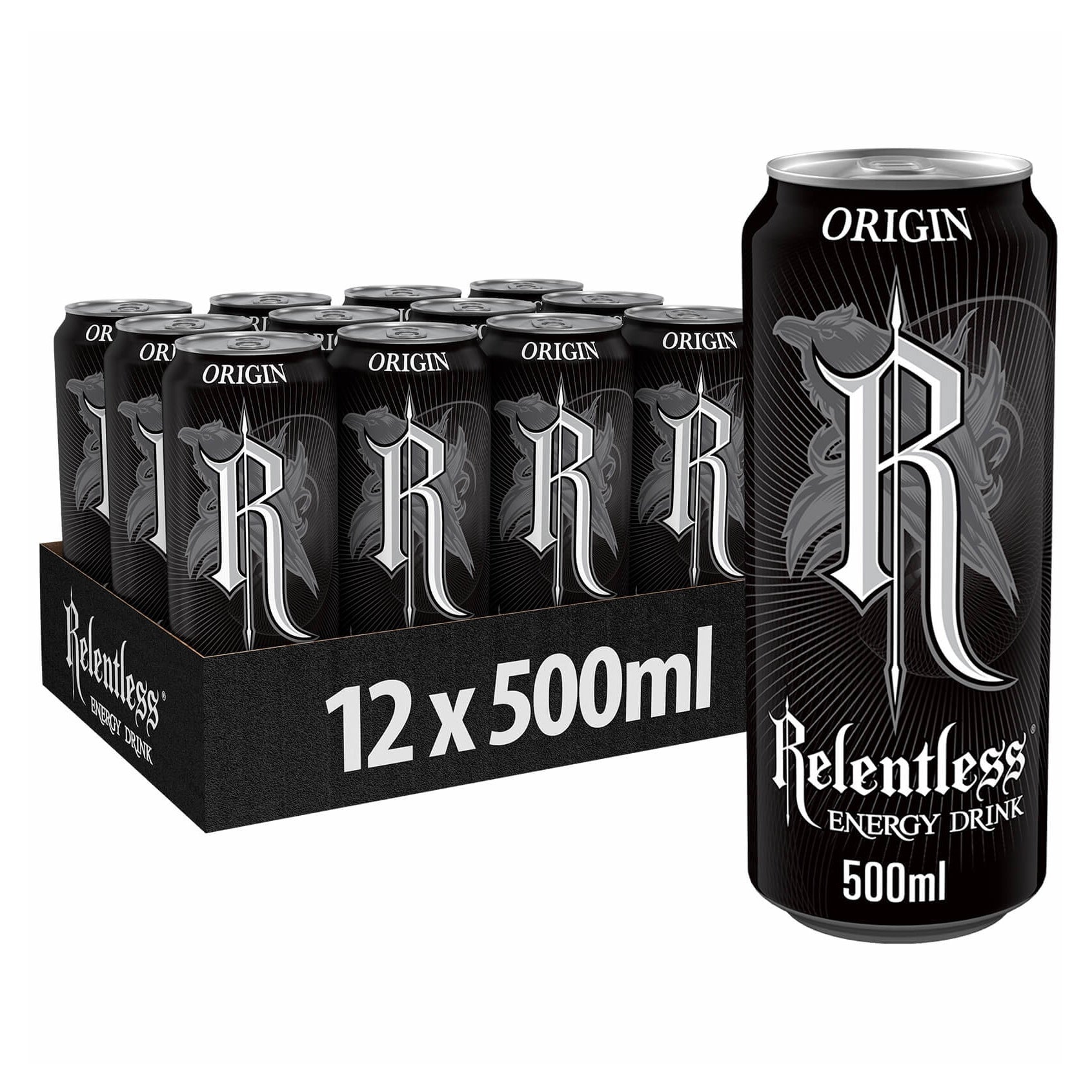Relentless Origin Energy Drink 500ml pack, imported from the UK