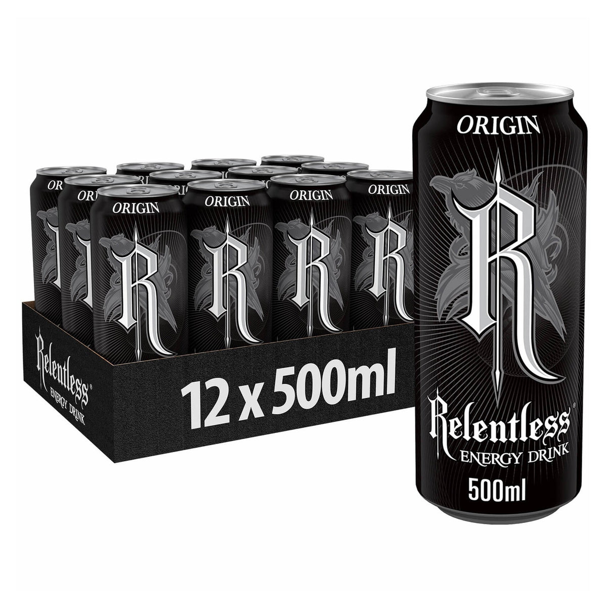 Relentless Origin Energy Drink 500ml pack, imported from the UK