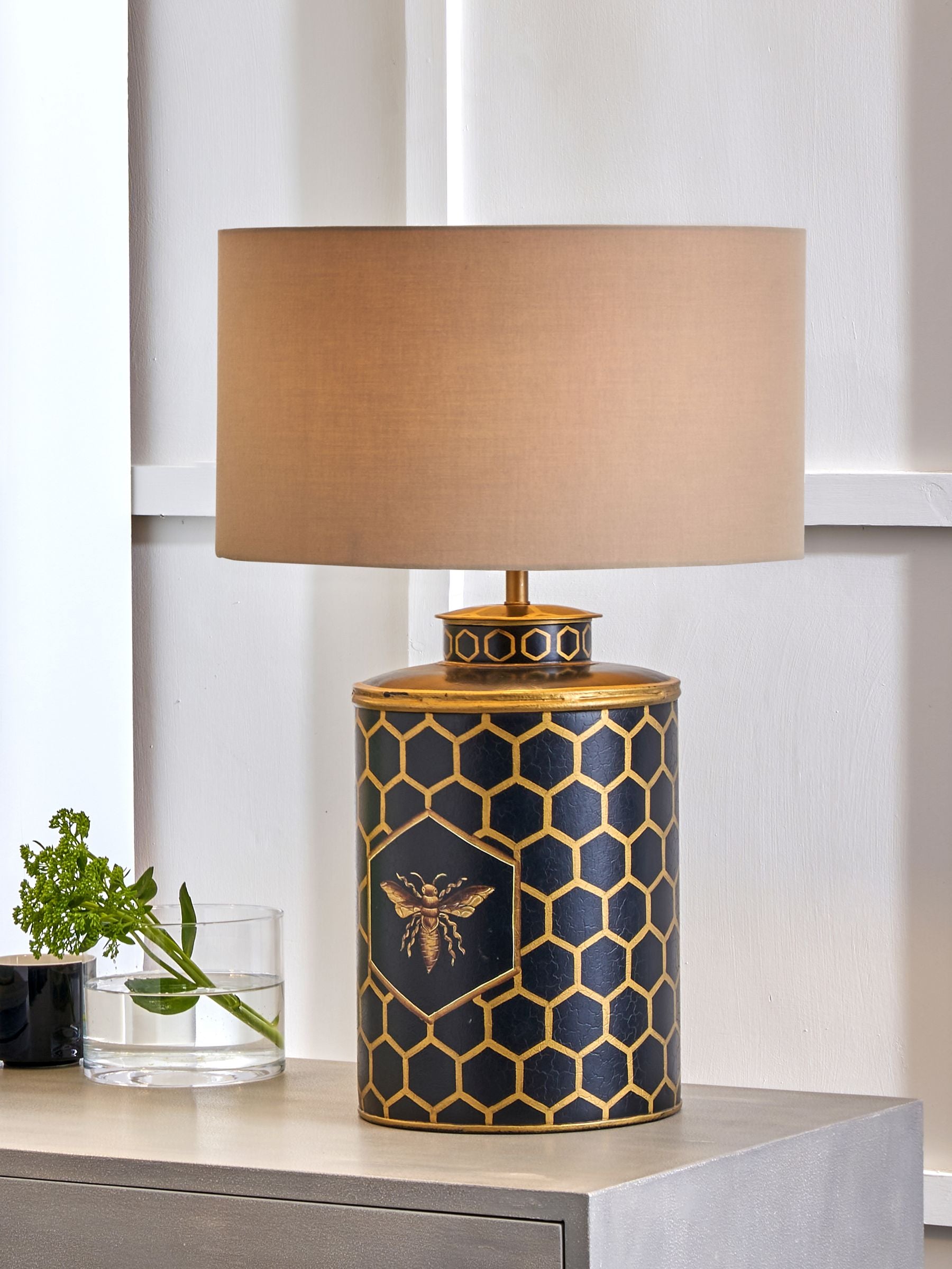 Pacific Black Honeycomb Bee hand-painted metal table lamp (British brand)
