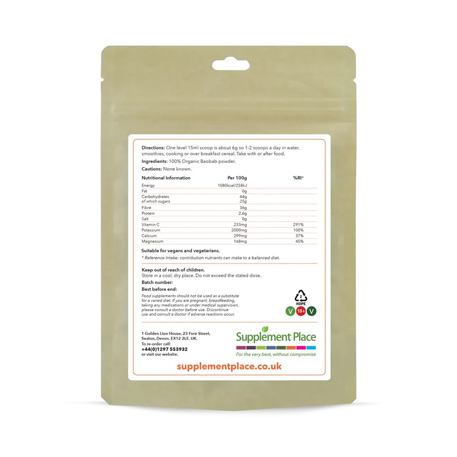 Supplement Place organic baobab powder 1kg - British product