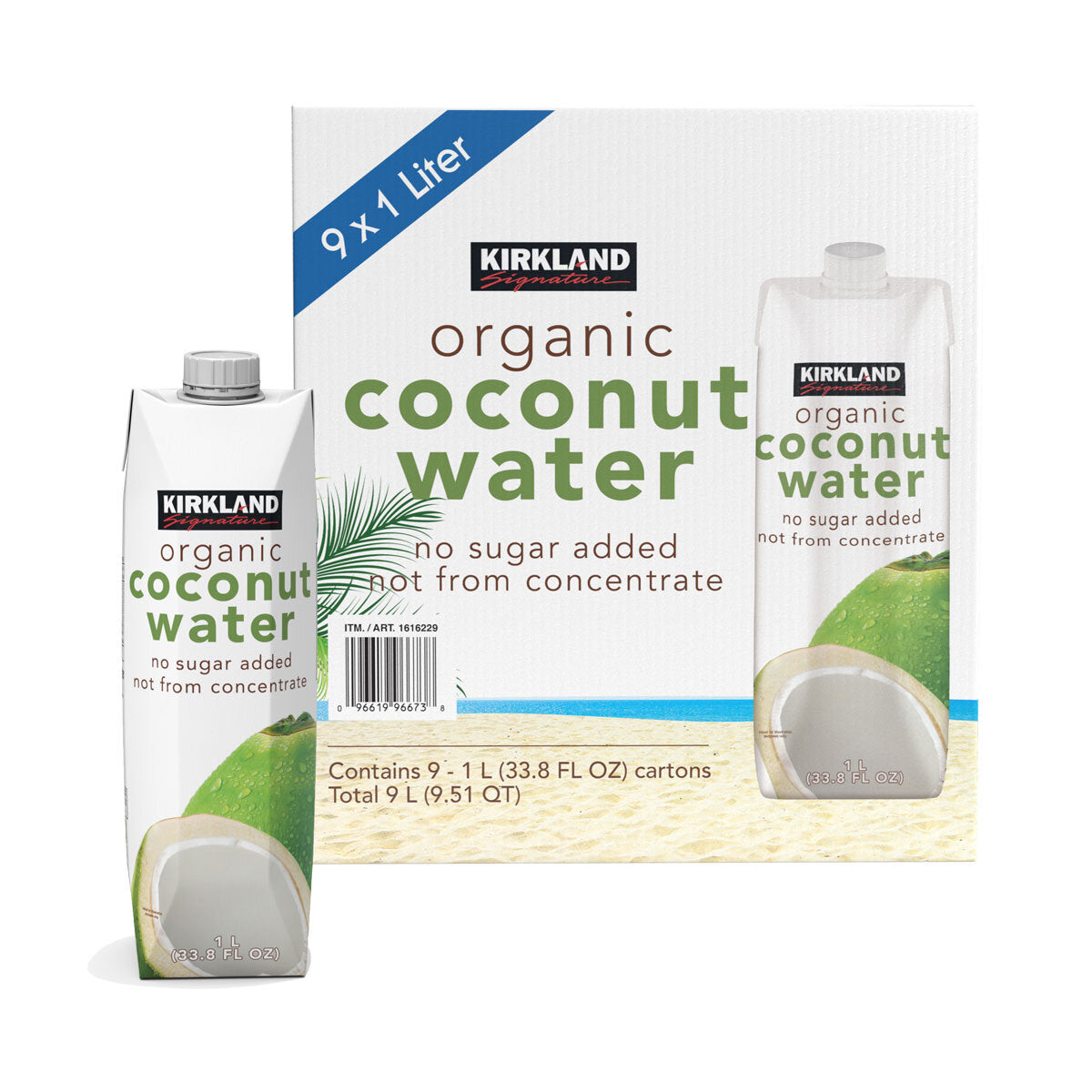 Kirkland Signature Organic Coconut Water No Sugar 9x1L, imported from the UK