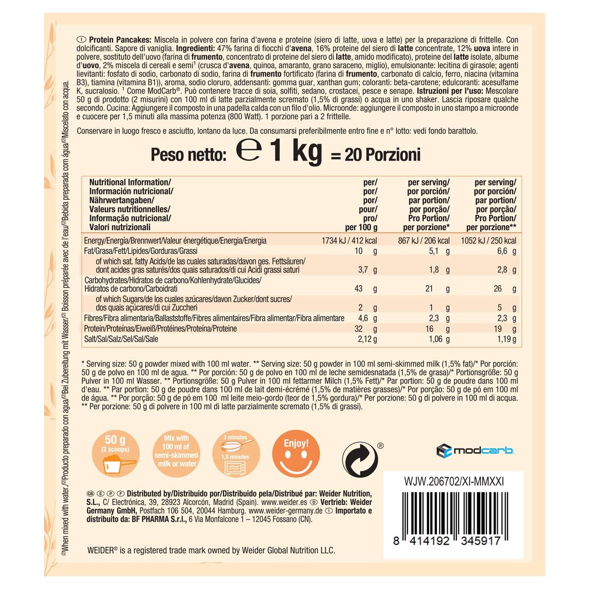 Weider protein pancake mix vanilla 1kg, UK version