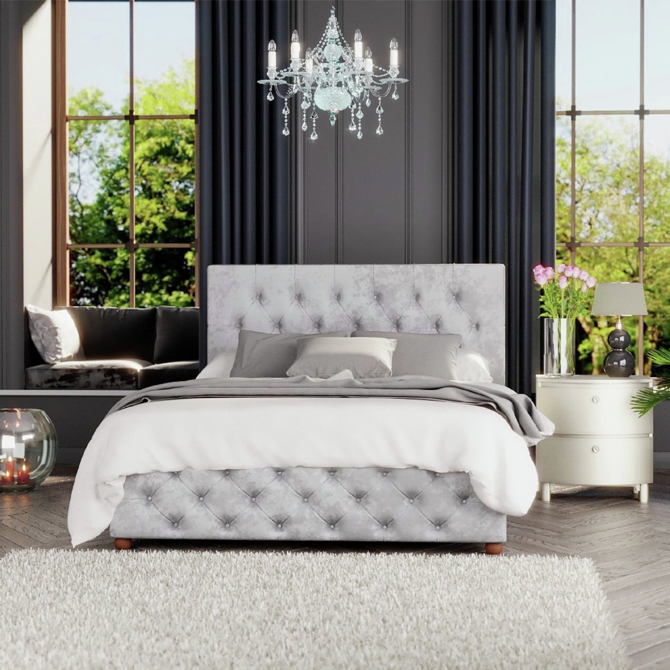 LLB Luna Velvet Silver Ottoman Bed Frame Superking, UK version