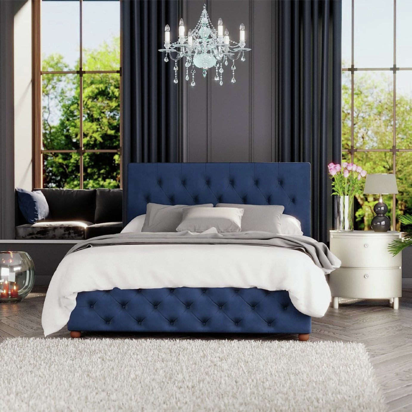 LLB Luna Velvet small double ottoman bedframe in navy, UK version